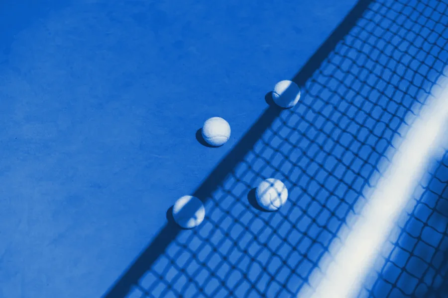 Tennis balls resting against the net in morning sun